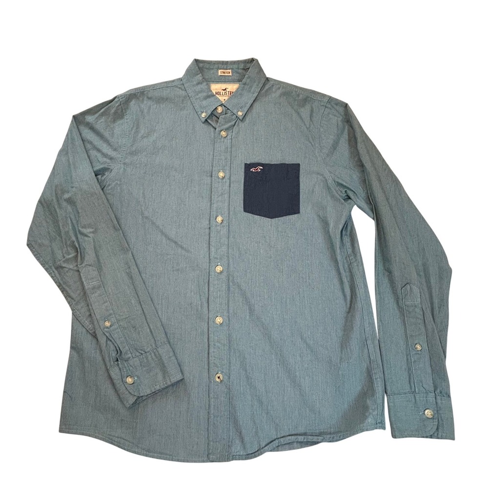 Hollister Mens Button Down Shirt Teal Chambray Stretch Pocket Size Medium‎